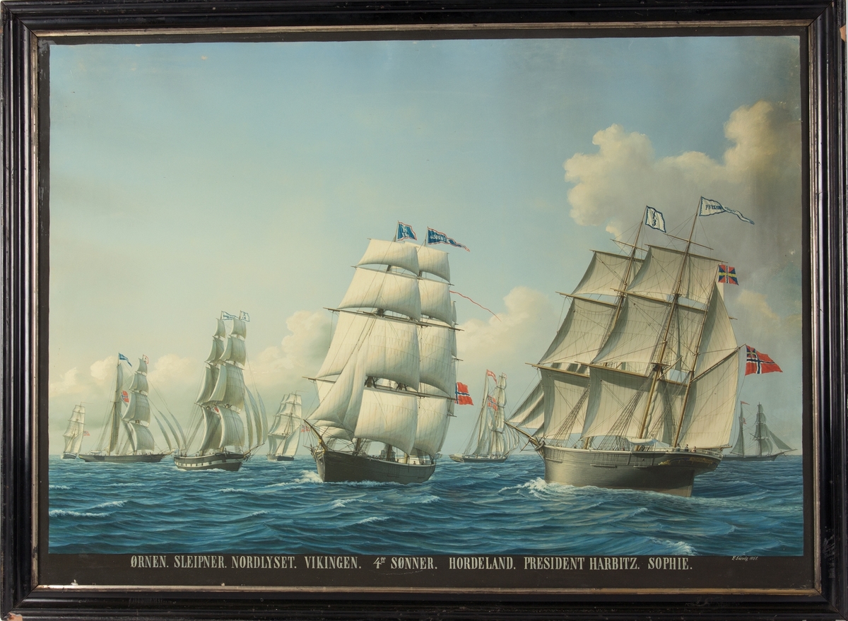 Flerskipsmaleri av seilskipene ØRNEN, NORDLYSET, FIRE SØNNER, HORDALAND, PRÆSIDENT HARBITZ, SOPHIE, VIKINGEN under fulle seil.