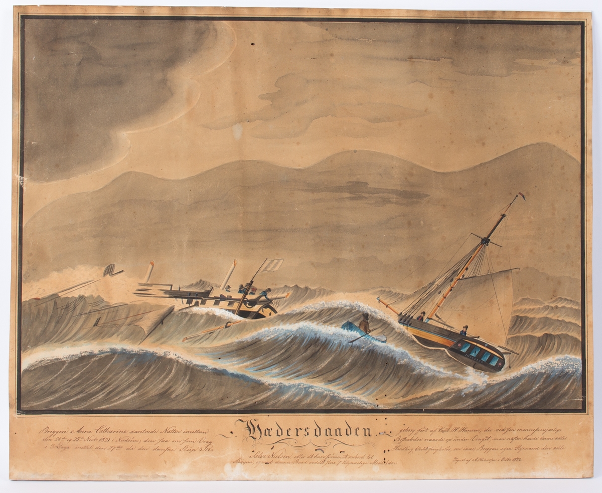 Skipsbilde av skonnertbrigg ANNA CATHARINE,  kantret i Nordsjøen natten til 25.11.1821 og drev som vrak i 3 døgn inntil den danske sluppen INGEBORG med fører H. Hansen kom til unnsetning. De klarte ikke å borde skipet, men ANNA CATHARINEs styrmann Salve Nielsen svømte over til sluppen og klarte slik å redde sine 7 kamerater fra skipet.
