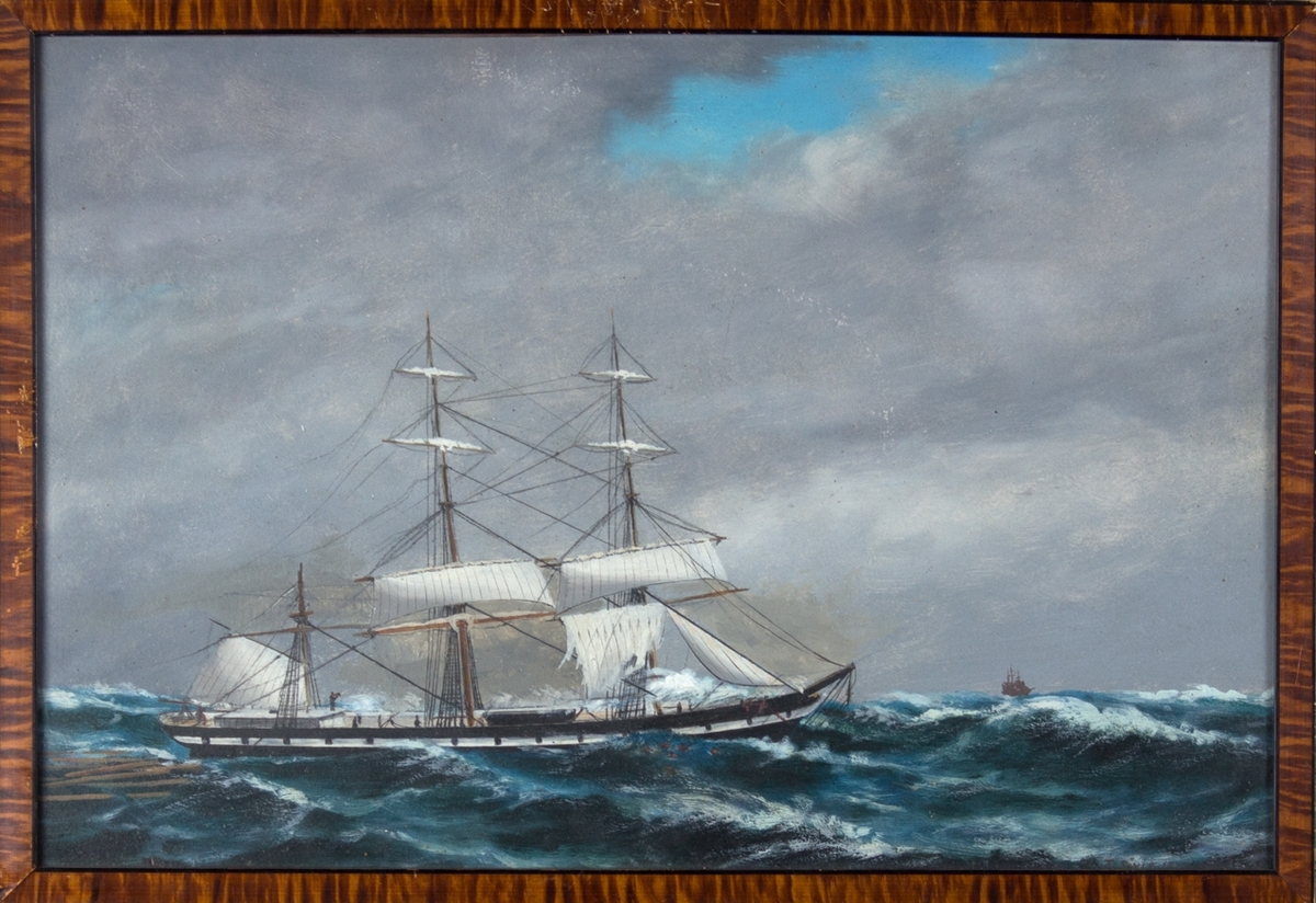 Fullrigger OCEAN i havsnød med mesanmasten knekket og seilene flerret. Lasten og mannskap har falt på sjøen.