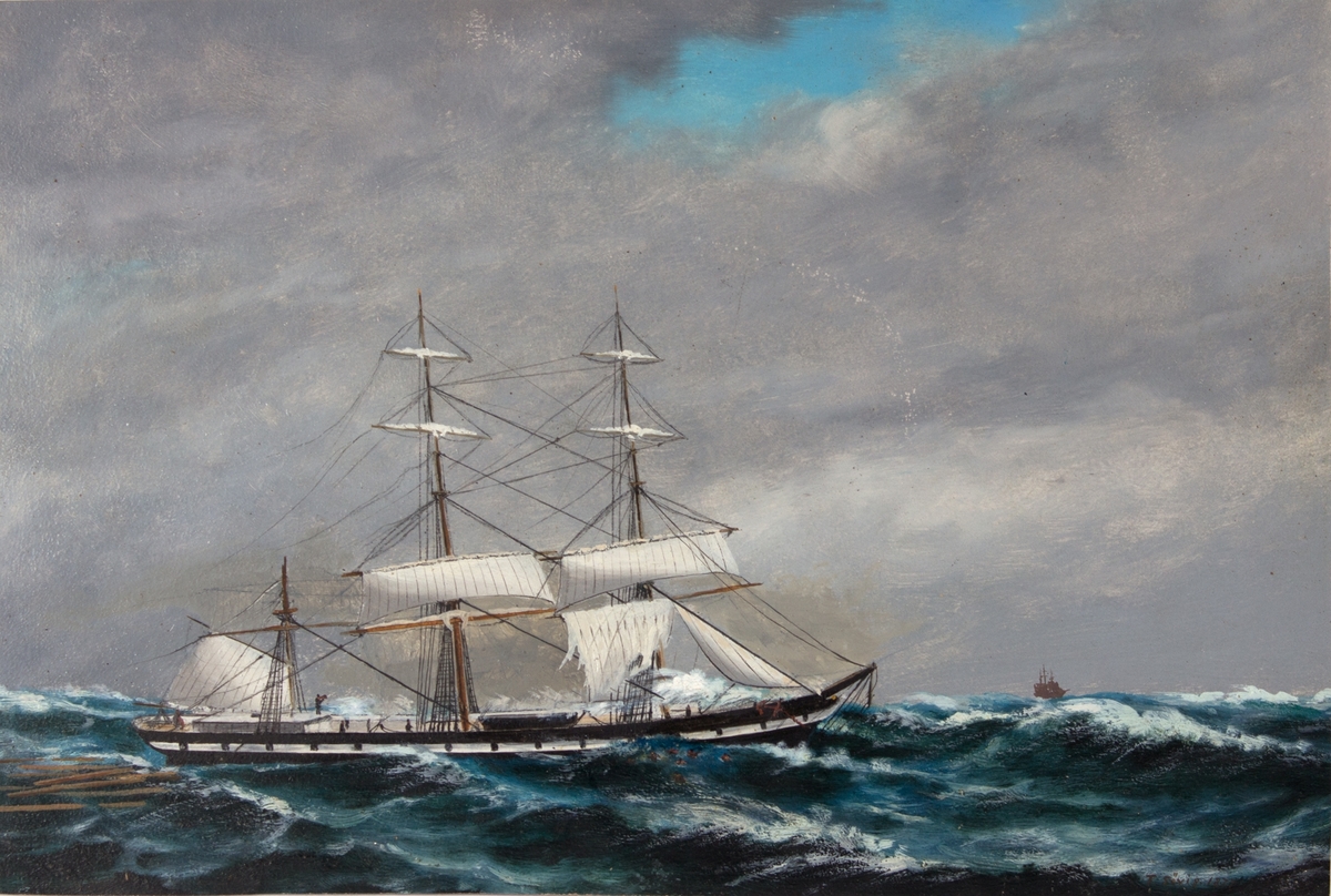 Fullrigger OCEAN i havsnød med mesanmasten knekket og seilene flerret. Lasten og mannskap har falt på sjøen.