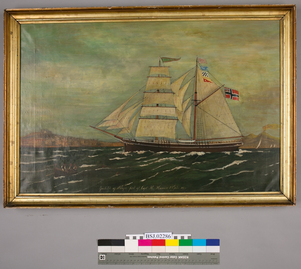 Skipsportrett av skonnertbrigg GARIBALDI under seil. I horisonten sees Napoli og vulkan Vesuv. I forgrunn sees en liten robåt med tre personer.
Skipet fører norsk handelsflagg med svensk-norsk unionsmerke i akter.