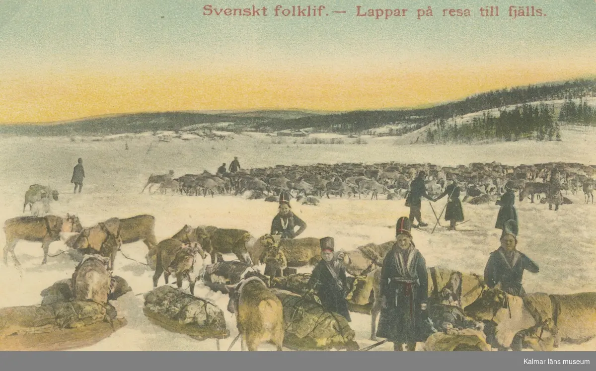 Svenskt folklif. Lappar på resa till fjälls.

Bilden avbildar Myckelby i Styrnäs, Ångermanland.