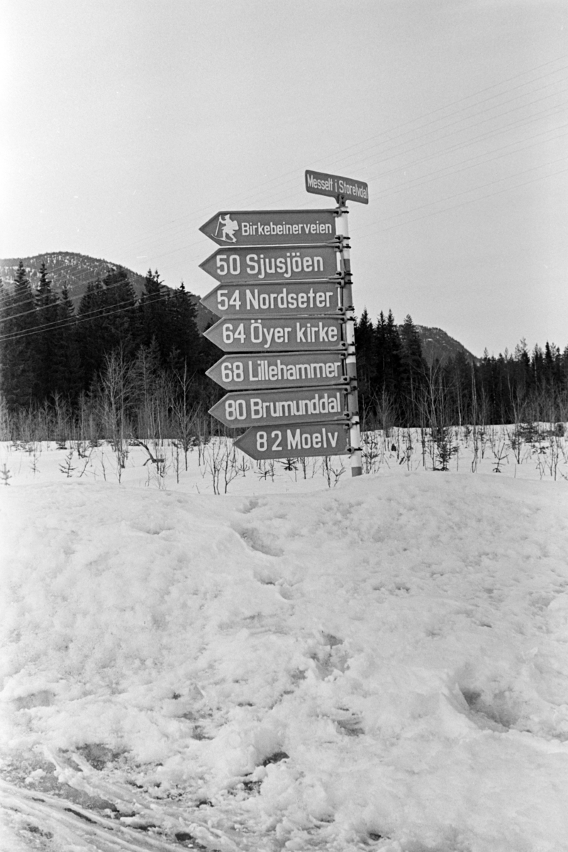 Messelt, Stor-Elvdal, vegskilt, avstandsskilt, Birkebeinervegen.