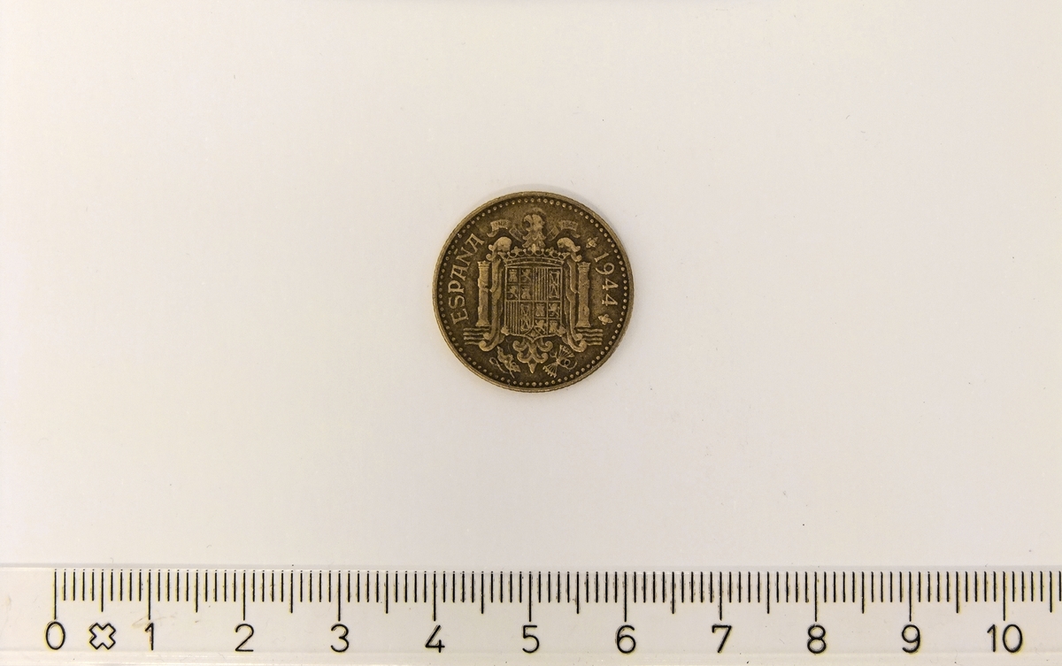 1 Peseta,  SPANIA,  1944,  Juan Carlos I,  Aluminium-Bronse.

Form:  Sirkulær