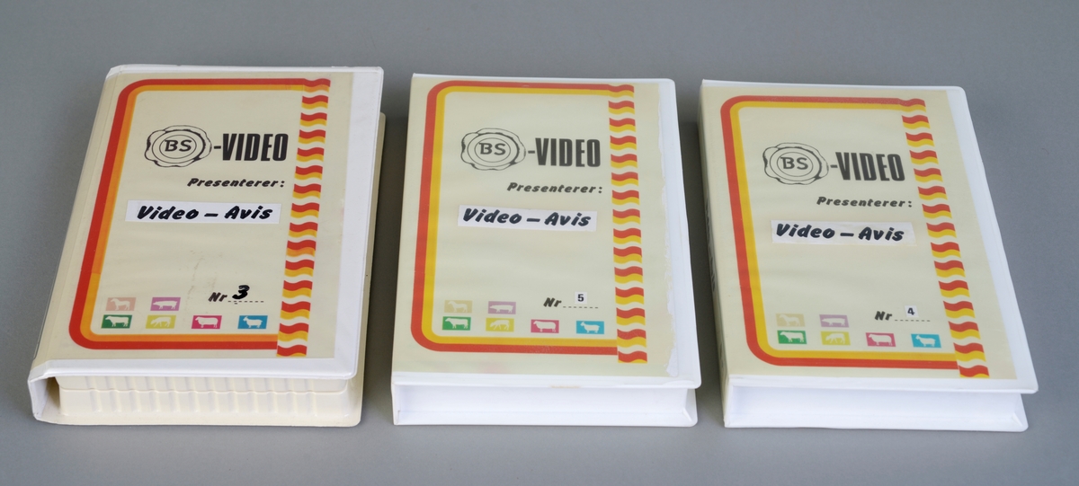 18 videokassetter i hvite plastetui. Kassettene inneholder "Video-Aviser" fra BS fra 1986 til 1989. Samlingen er ikke komplett. For innhold se "Andre opplysninger".
Etuiene har plastlommer der det er lagt inn papir med trykk. På forsiden står det skrevet "Video-Avis" og nummeret, mens det på baksiden står skrevet hva kassettene inneholder. Teksten er rammet inn av gule og røde striper, og det er bilde av hvite dyr på ulik fargebakgrunn.
