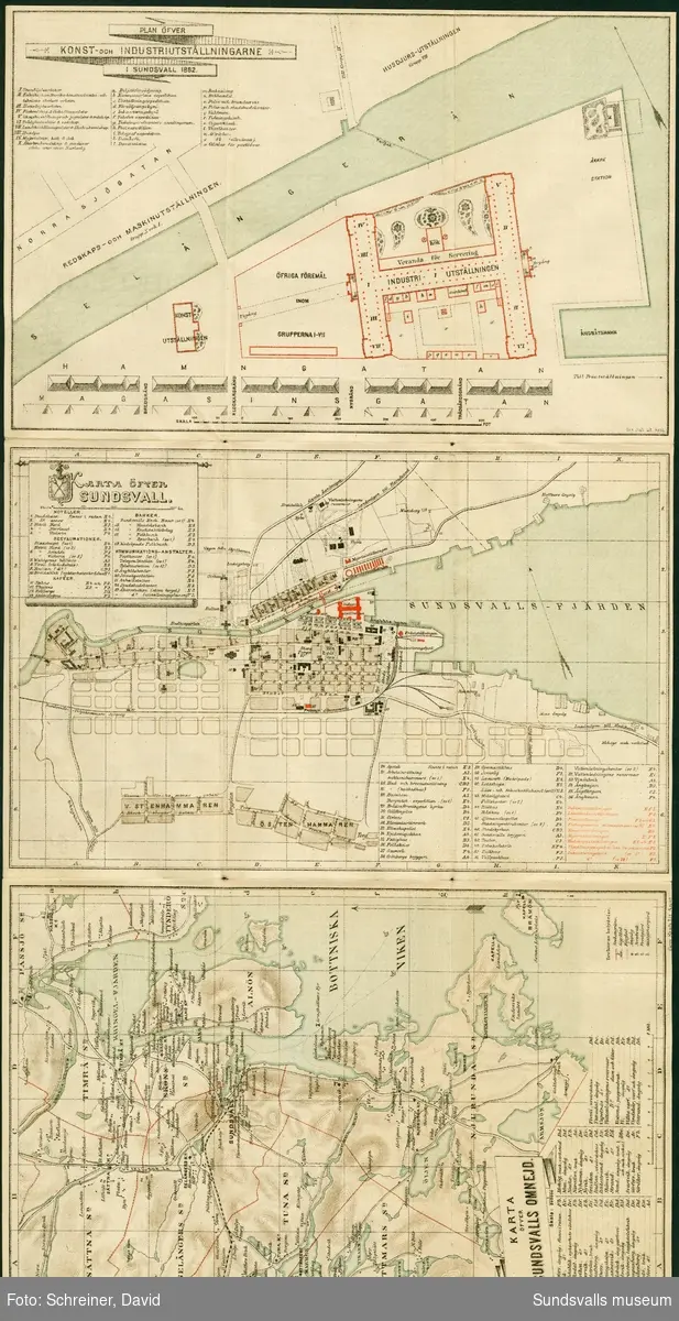 Information om Allmänna Norrländska Industri- och Lantbruksutställningen i Sundsvall 1882 och utställarna samt
karta över utställningsområdet