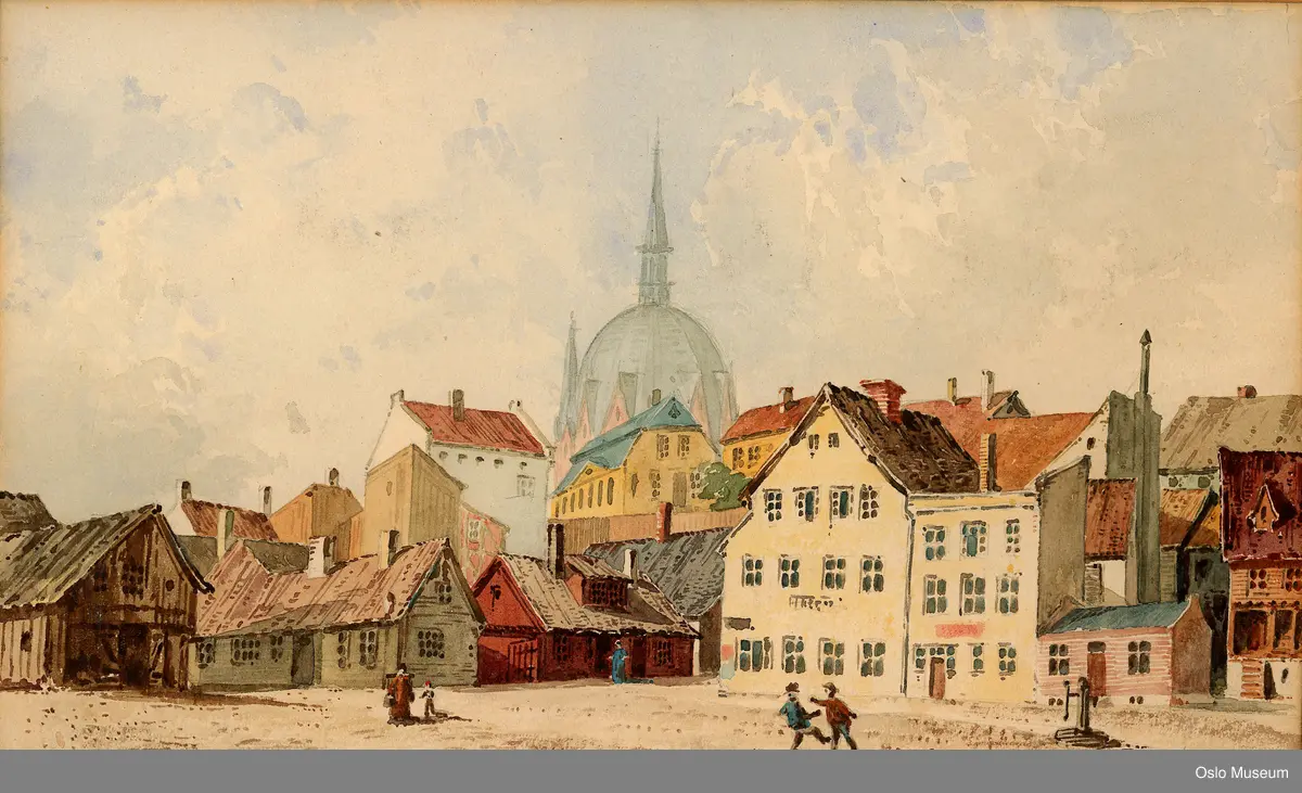 arkitektur, torv med hus rundt, kirkekuppel
