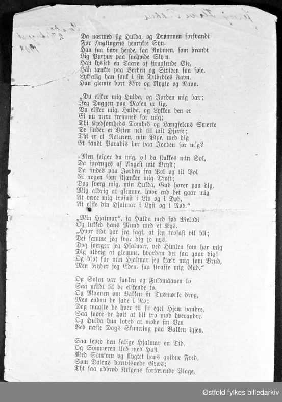Viseheftet "Kjærlighedsvisen om Hjalmar og Hulda", pris 10 øre, utgitt før 1908.

Påskrift på første side: Jenny Flaten Tukkun  Torsdag 27. August 1908.