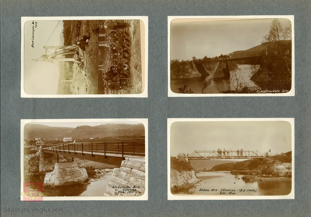 Straumen bru.  Tekst på bildet: "Strømmen Bro. Sørreisa.  Omb. 1911" 
Hus og gårder i bakgrunnen. 
Til venstre sees gården til Daniel Solvang og Gudbrandgården, noe lengre oppe til venstre langs vegen står Straumen skole.
Til høyre er gården til Jon Bersvendsen og gården Berg, og i bakgrunnen Bollhågen.
Opplysninger fra  Guttorm Bakkehaug.

Straumen bru/Nordstraumen (Strømmen) bru i Sørreisa. Stålbjelkebru med tredekke, to spenn.  Total lengde ca 25 m.  Brua ble bygd i 1878, og ombygd i 1911 under anlegget Nordstrømmen-Skøelv bru 1910 - 1913.  Riksveg 84  Erstattet av ny bru i 1949.