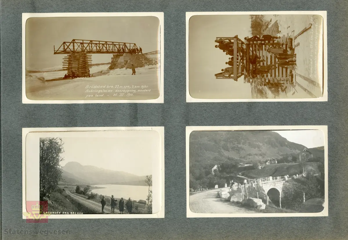 Tekst på bildet: "Lavangen fra Brekka med Spandstind 6 - 8 - 27". 
Lavangen fra Brekka med Spandstind 6. august 1927. To menn og to damer på tur langs en bygdeveg. 

10.03.2016: "Her fra Brekka ser en mot sør Spanstinden, men vannflata til høyre på bildet er fjorden i Lavangen. Odden som stikker ut i fjorden til venstre er Soløystranda." Informant til bildet er Jentoft Teigland.