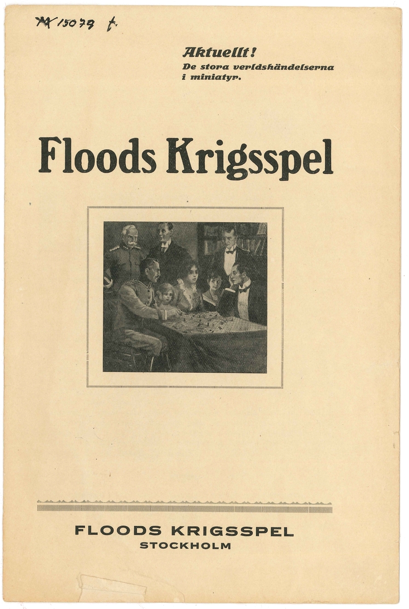 Sällskapsspel tillverkat av ett pappersark. På arket finns en kartbild över stora delar av Europa. 
Spelet heter Floods krigsspel och spelas med pjäser för fransk-tyskt krig. Spelet kan spelas i tre olika sätt: som tärningsspelet, lilla spelet och stora spelet.
Instruktionshäfte  och prislista medföljer.
Spelpjäser finns separat i VM15080.
Ask saknas.