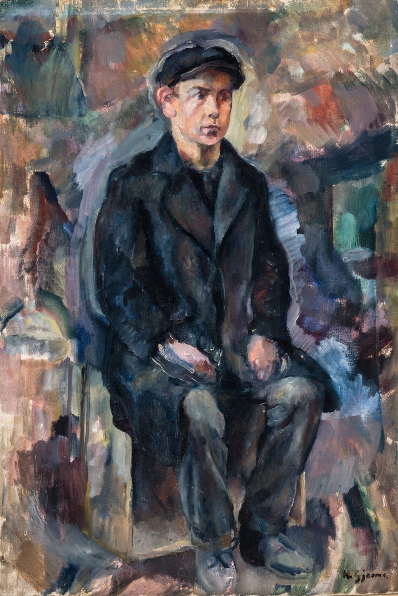 Helfigur, en face. David Vollheim fortel i intervju med Herman Starheimsæter, 19.06.2003 at Gjesme kalla biletet «Tjuvaguten». Guten satt modell for Gjesme på rommet i Oslo. Gjesme oppdaga etterpå at han hadde teke foldekniven hans.
