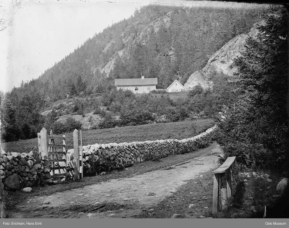 vei, steingard, åker, kulturlandskap, skog, bolighus Fjeldstuen