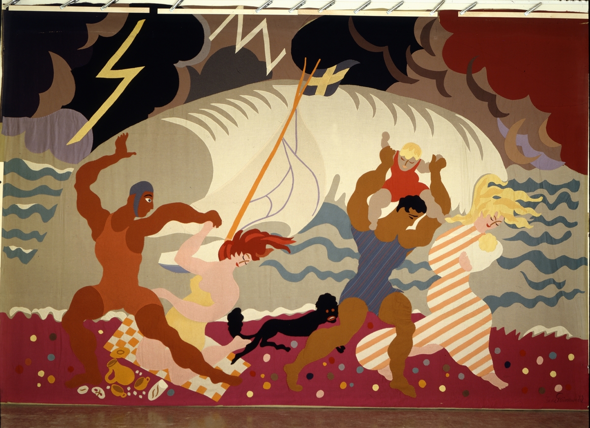 Rektangulär ylleapplikation, Badscen. Av färgade ylletyger efter skisser av Grünewald, Isaac.