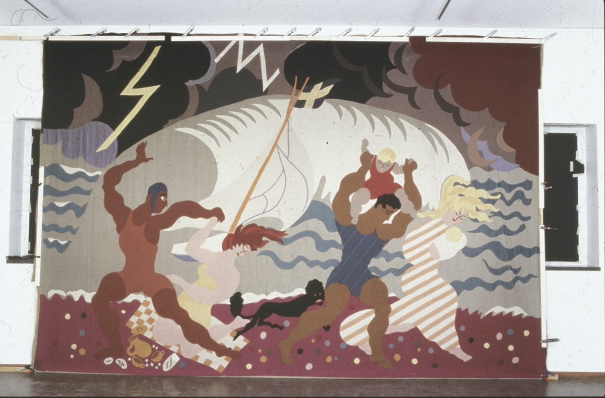 Rektangulär ylleapplikation, Badscen. Av färgade ylletyger efter skisser av Grünewald, Isaac.