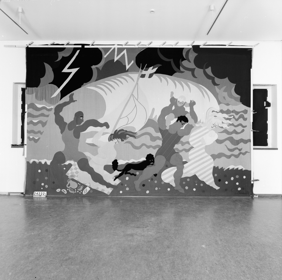 Rektangulär ylleapplikation, Badscen. Av färgade ylletyger efter skisser av Grünewald, Isaac.