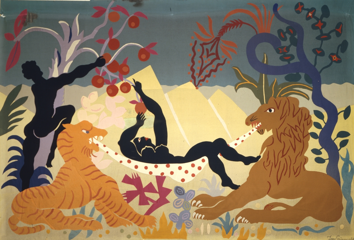 Rektangulär ylleapplikation, Paradiset. Av färgade ylletyger efter skisser av Grünewald, Isaac.