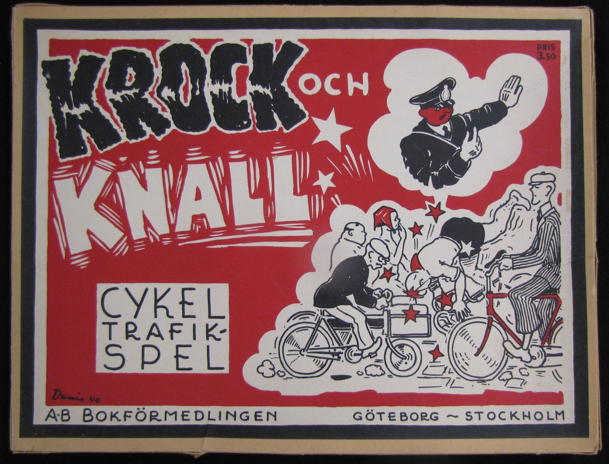 Spel kallat '' Cykeltrafikspelet Krock och Knall .'' Spelet ligger i en kartong med måtten : L. 31 cm. B. 24 cm.  H. 3 cm, och innehåller 81 delar. Bland dessa delar ingår, spelregelhäfte, Sverigekarta, leksakssedlar, kort med spelorder, spelpoletter och tärning. På kartongens framsida visas cyklister som krockar samt en polisman som ger tecken. Bild och text är tryckt i svart, rött och vitt. 

Spelet kostade 3,50 kr i inköp. Samlinga delar märkta VM 21 407.