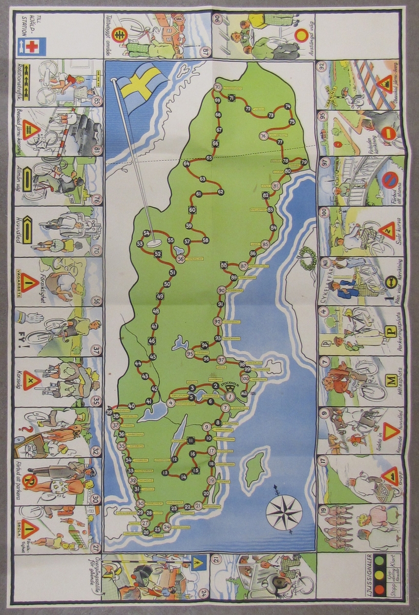 Spel kallat '' Cykeltrafikspelet Krock och Knall .'' Spelet ligger i en kartong med måtten : L. 31 cm. B. 24 cm.  H. 3 cm, och innehåller 81 delar. Bland dessa delar ingår, spelregelhäfte, Sverigekarta, leksakssedlar, kort med spelorder, spelpoletter och tärning. På kartongens framsida visas cyklister som krockar samt en polisman som ger tecken. Bild och text är tryckt i svart, rött och vitt. 

Spelet kostade 3,50 kr i inköp. Samlinga delar märkta VM 21 407.