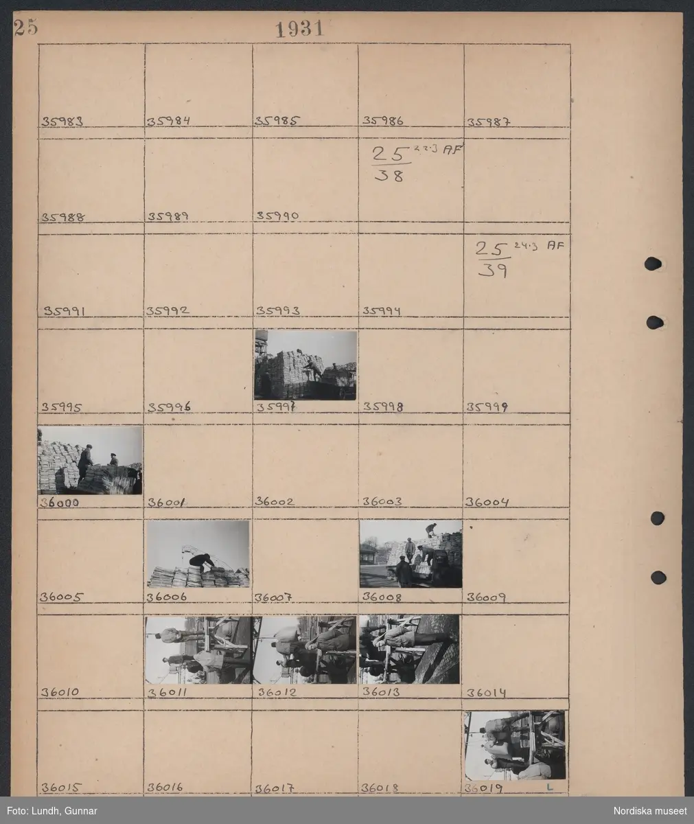 Motiv: (ingen anteckning) ;
Ej kopierat.

Motiv: (ingen anteckning) ;
Män staplar buntar i en hög på kajen.