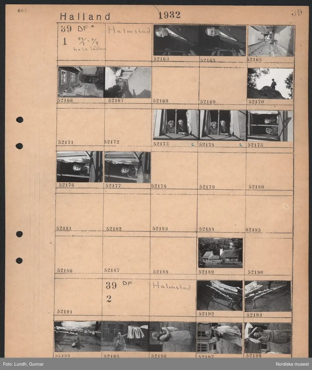 Motiv: Halland, Halmstad;
Porträtt av en man, gatuvy med en man som skjuter en kärra, exteriör av ett hus, gatuvy med en skylt "P.O. Sandberg Möbelhandel", en man står vid en hög med hö, porträtt av två kvinnor som tittar ut genom ett öppet fönster, exteriör av hus med vasstak.

Motiv: Halland, Halmstad;
En kvinna hänger tvätt på en tvättlina.
