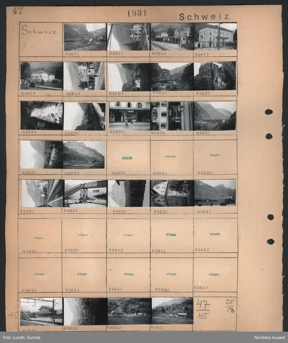 Motiv: Schweiz, Schweiz;
Landskapsvy med järnväg - bebyggelse och berg, en järnvägsstation, landskapsvy med flod - skog och berg, gatuvy med fotgängare och en byggnad med skylt "Airolo", en bro med skylt "Flüelen", vy över hamn med båtar och människor på kajen och berg i bakgrunden.