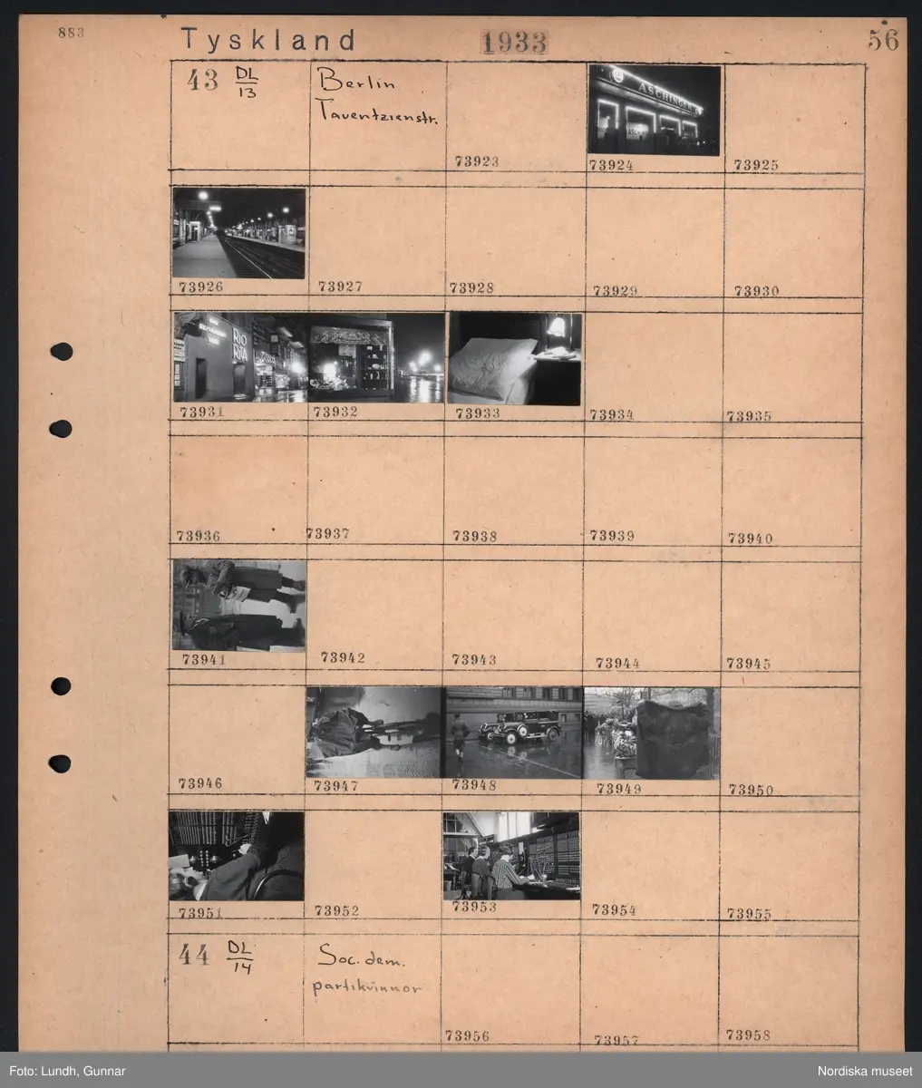 Motiv: Tyskland, Berlin, Tauentzienstrasse;
Exteriör av byggnad på natten med ljusskylt "Aschinger", nattbild av järnvägsstation, nattbild av gata med skyltar bland annat "Bar Restaurant Tanz Rio Rita", nattbild av gata med skyltfönster "Rosenthal", interiör med säng och sängbord med lampa, gatubild med två män som samtalar, gatubild i regn med en cyklistmed regncape, gatubild i regn med fotgängare och bilar, kvinnor arbetar vid en telefonväxel.

Motiv: Tyskland, Soc. dem. partikvinnor;
Ej kopierat.