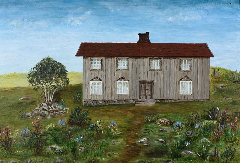 Maleri av Gunvor Stensbak etter foto fra Åltomtbygningen, Vang H. i 1920. Maleri malt 1980.