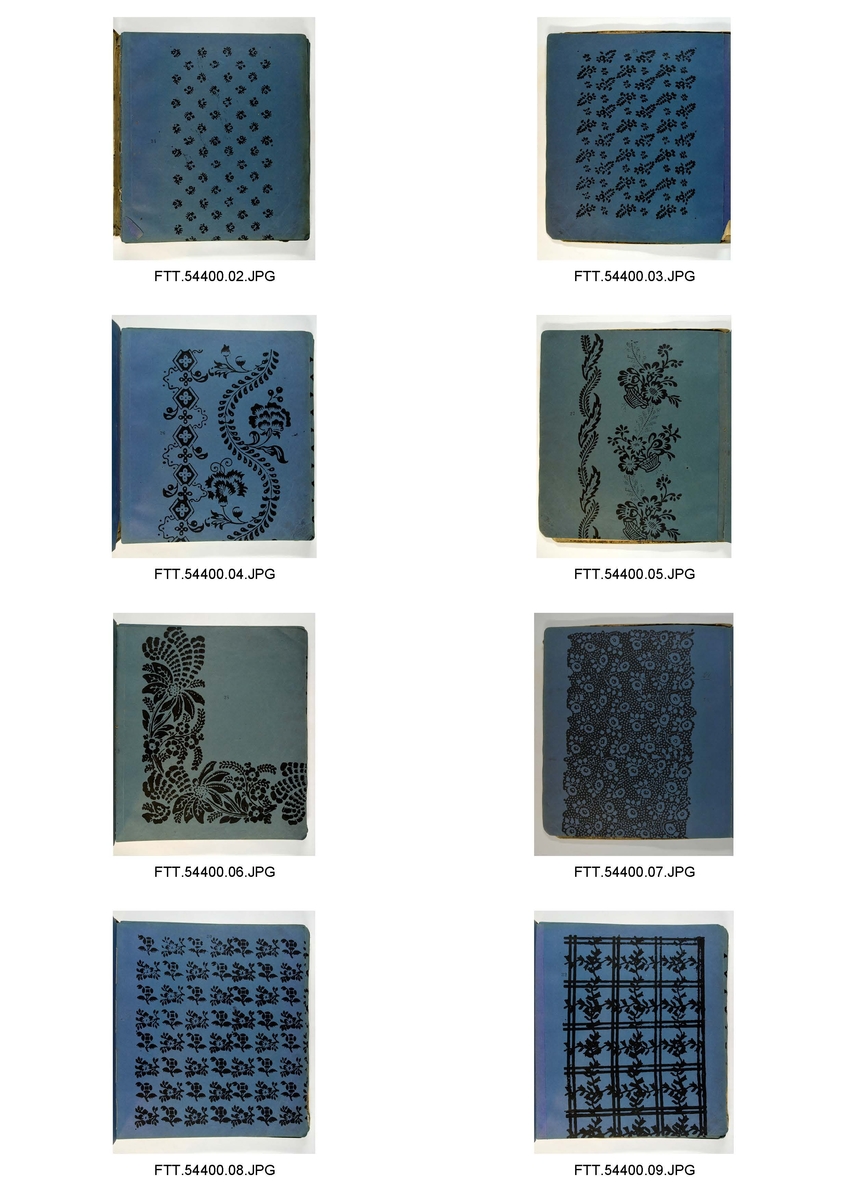 Bok med trykkblokkmønstre fra farver H. N. Schjølbergs arkiv.