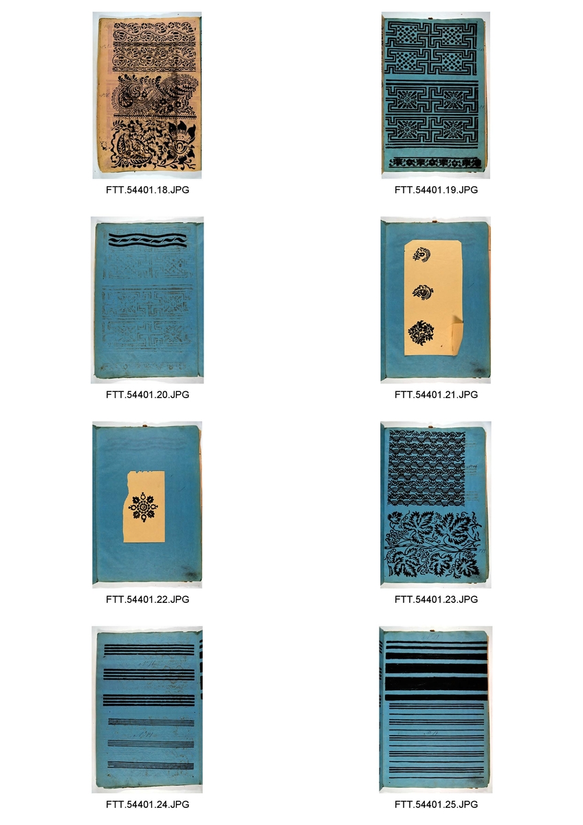Bok med trykkblokkmønstre fra farver H. N. Schjølbergs arkiv.