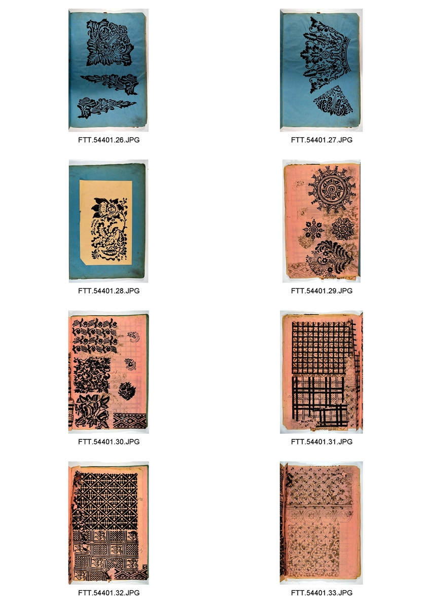 Bok med trykkblokkmønstre fra farver H. N. Schjølbergs arkiv.