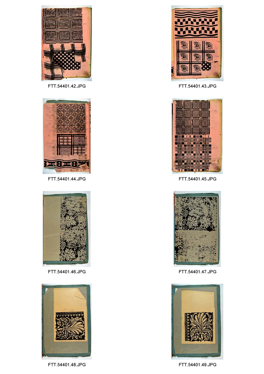 Bok med trykkblokkmønstre fra farver H. N. Schjølbergs arkiv.