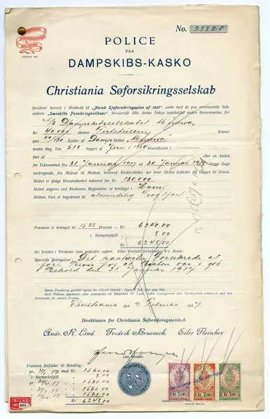 Krigsforsikringsdokument fra første verdenskrig.