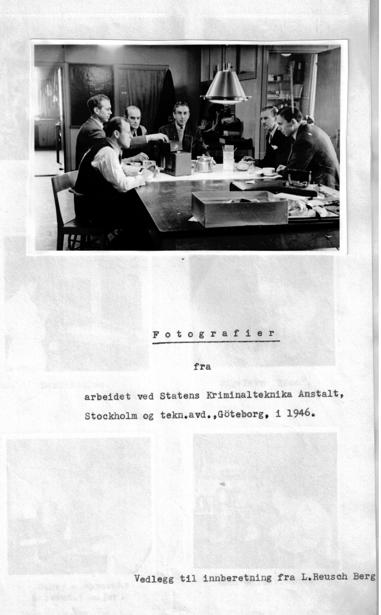 Foto fra arbeidet ved Statens Kriiminalteknika Anstalt, Stockholm og tekn.avd., Göteborg, i 1946. Studietur tatt av L. Reusch Berg.