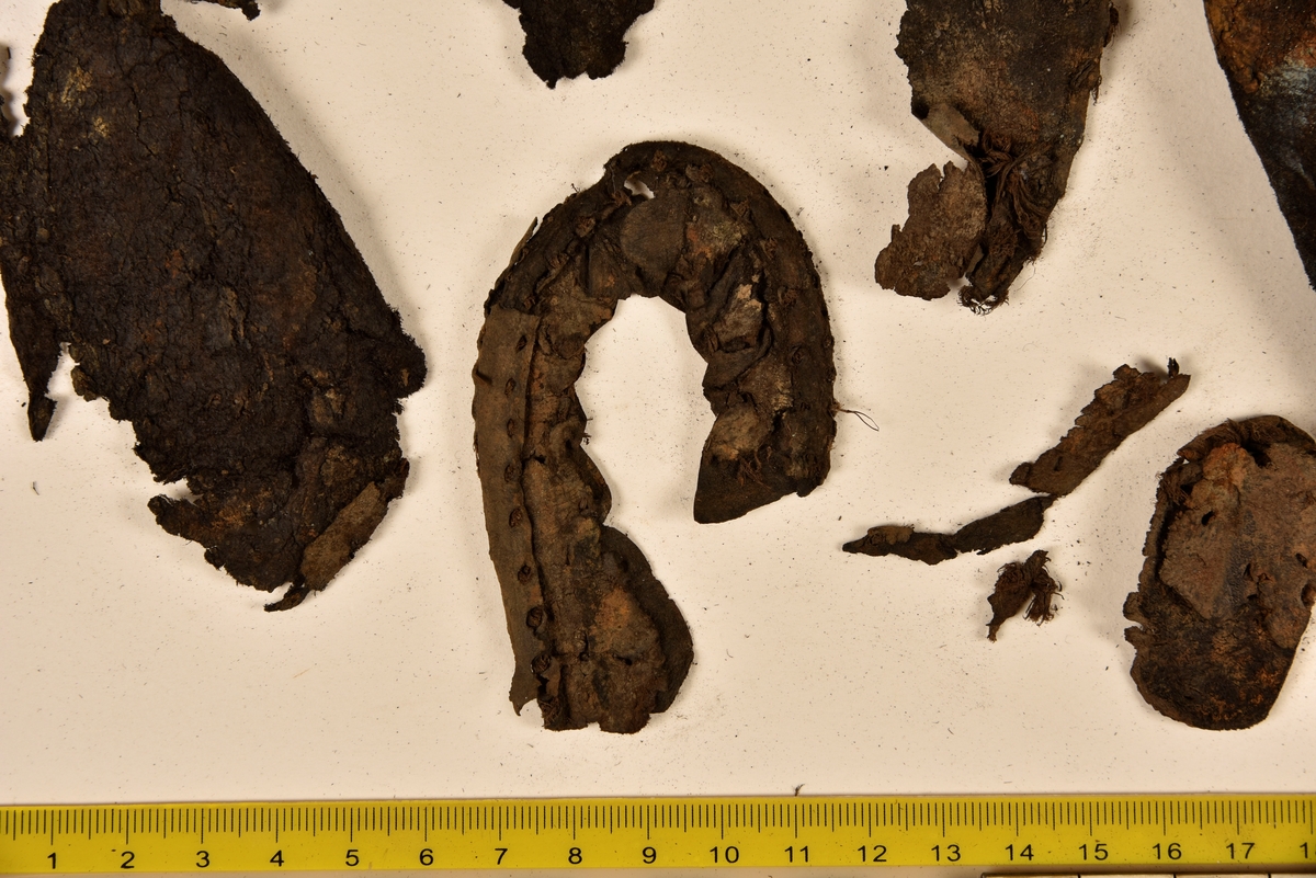 Dokumentation 1996:
Delar och fragment av sko: en skobotten samt ett fragmentariskt ovanläder, tre bitar av ett filtliknande material, ett 15-tal fragment av bottenläder samt sex mindre fragment av trä.
Skobottnen har kvarsittande tråd och träpligg. Yttersulan är ritsad. Klacken består av fem klacklappar som är placerade mellan ytter- och innersulan. Innersulans läder är mycket kraftigt, ca 6 mm tjock. Ovanlädret är sprött och fragmentariskt samt har blå och rostfärgade utfällningar.

Text in English: 
Various parts and fragments of a shoe, consisting of a sole with fragments of vamp (upper leather), three pieces of a felt-like material, some 15 fragments of sole or bottom leather and six smaller fragments of wood.
There are remains of thread and wooden pegs on the shoe sole. The outsole is channeled. The heel is made up of five heel lifts placed between the insole and outsole. The leather of the insole is very thick, ca 6 mm. The upper leather is fragile and fragmentary, and has blue and rust-coloured precipitations.

Dokumentation 2022:
Skobotten och delar av ovanläder till en öppen randsko. Tillverkade i getskinn av god kvalitet. Skapades på en rak läst och bars på höger fot. Klacken som är lagad med en läderlapp under sulan. Inga dekorationer. Det finns tecken på delaminering. Fragment från en stickad strumpa hittades inuti skon. Det finns lagningar med träpligg på sulan och hälen. Skobotten hör ihop med fyndnummer 23070.
För mer information, se Länkade filer: Uppritning

Text in english:
This is the bottom unit and upper fragments of an open shoe, made of goatskin leather of good quality, of randed construction with a patch heel, made on a straight last and worn on the right foot, with no decorative features. The bottom unit pairs with 23070. There are signs of delamination and fragments of a knitted stocking were found inside the shoe. There are pegged repairs to sole and heel.
For more information, go to Länkade filer: Uppritning