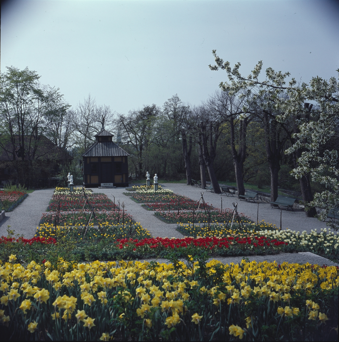 Blommande vårblommor i Rosenträdgårdens välskötta rabatter. I bakgrunden begrundar Swedenborgs lusthus fyra figurer som dansar i den färgrika blomsterprakten.