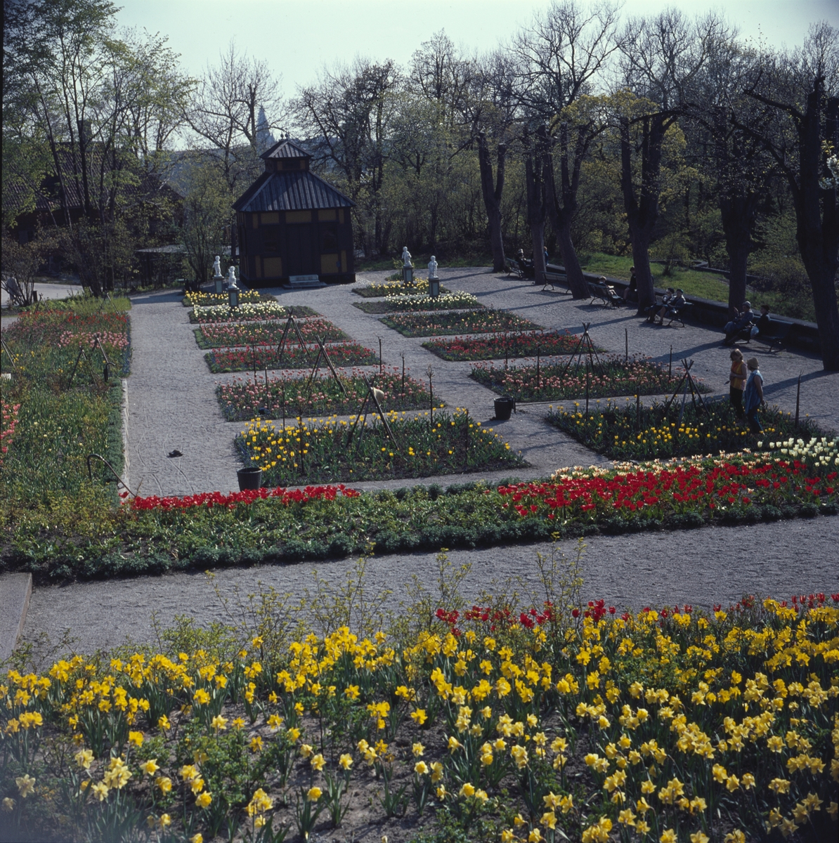 Blommande vårblommor i Rosenträdgårdens välskötta rabatter. I bakgrunden begrundar Swedenborgs lusthus fyra figurer som dansar i den färgrika blomsterprakten.