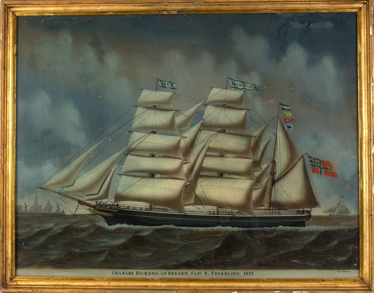 Bark CHARLES DICKENS med full seilføring. Vimpel med skipes navn i masten. Flagg med X103 i fokkemasten og unionsflagg i mesanmasten. Til høyre i motivet sees losskøyte. Til venstre i motivet sees Antwerpen med kirkespir og vindmølle.
