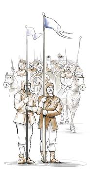 Tegning av middelalderhær med riddere til hest og to fotfolk som bærer flagg foran.