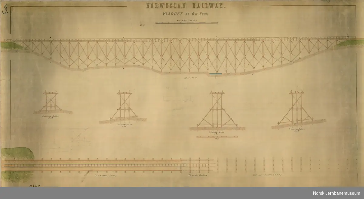 Norwegian Railway. Viaduct at 6 M. 7 CHS. (Bredtvedtbroen)
Tegning signert (godkjent) av Robert Stephenson