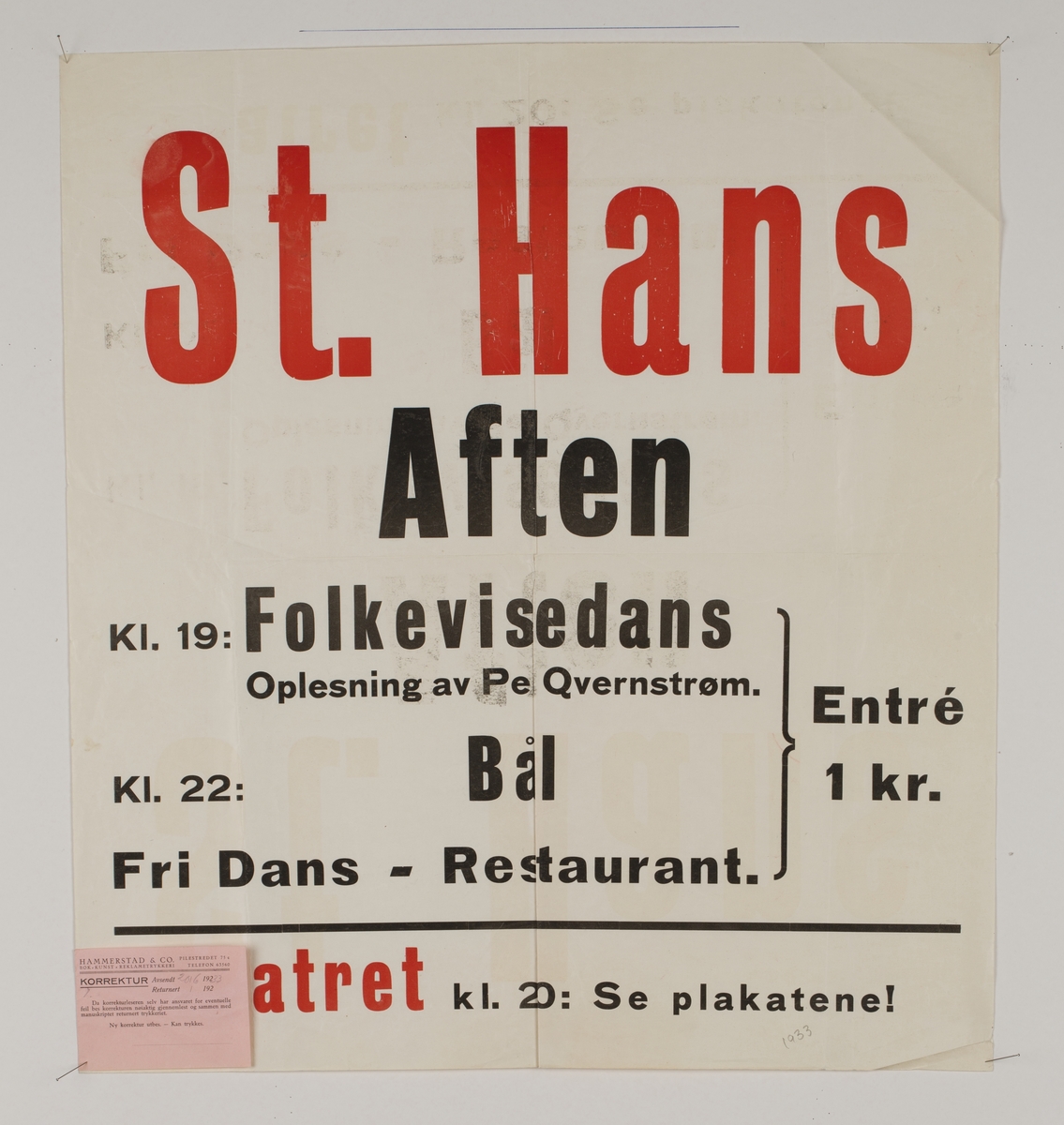 Plakat. St. Hans Aften på Norsk Folkemuseum 1933.