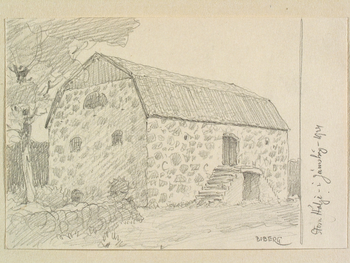 Blekinge, Jämhshögs hd, Stora Holje. Gårdsbebyggelse. Teckning av Ferdinand Boberg