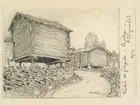 Dalarna, Siljansnäs sn. Härbre och gärdesgårdar i Björken. Teckning av Ferdinand Boberg