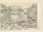 Ångermanland, Härnösands landsförsamling, Gånsvik. Fiskebodar. Teckning av Ferdinand Boberg.