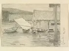Ångermanland, Härnösands sn., Gånsvik. Fiskebodar och båtar. Teckning av Ferdinand Boberg.