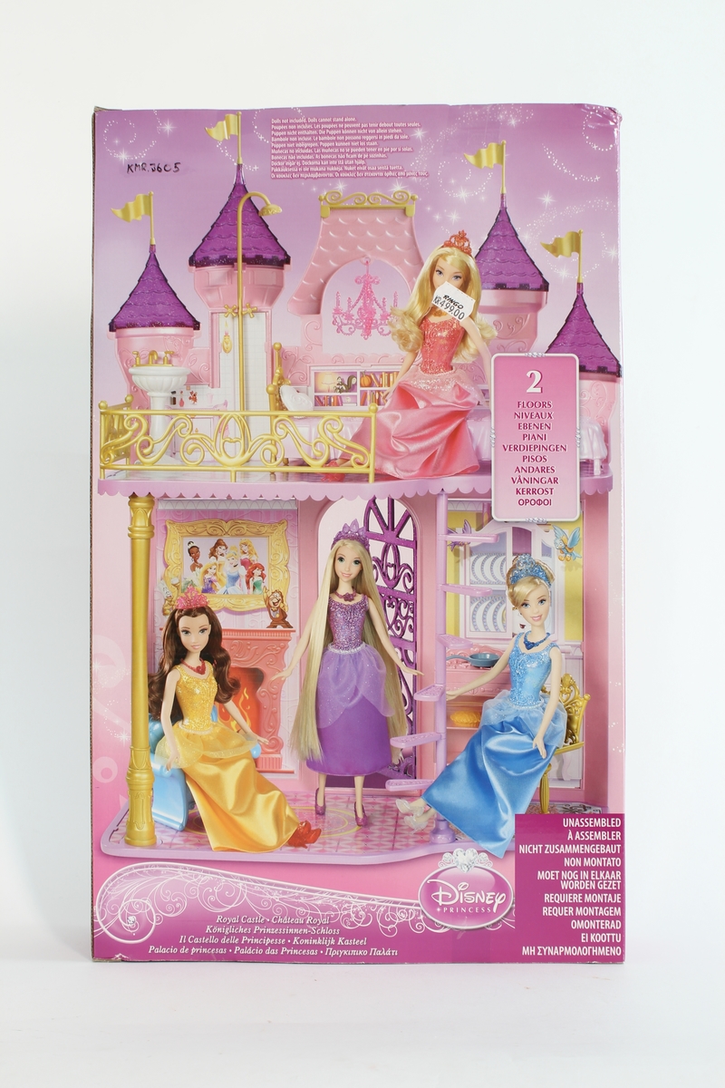 Et barbieslott av merket Disney Princess. Selve slottet/huset er rosa. Flere løse deler: komfyr, vask, lenestol, stol, dusjstang, fire vimpler til spirene, pai/kake, drikkebeger, stekepanne, hjertepute (alt dette i farget plast). Gulvene og bakvegger i papp med farget motiv.