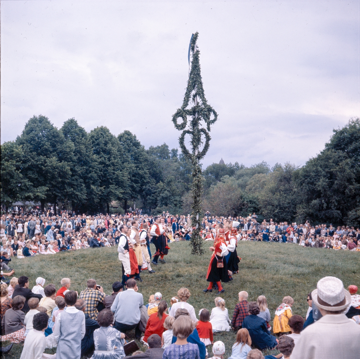 Majstången reses vid midsommarfirandet på Tingsvallen.