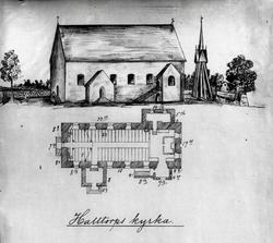 Reproduktion. Teckning av Halltorps medeltidskyrka.