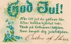 Vykort till Kristina Andersson, född 1865 i Böda, syster till N J Andersson, när hon bodde i USA från vänner i USA. Kortet är stämplat i Stockholm. Handskriven hälsning på kortet :