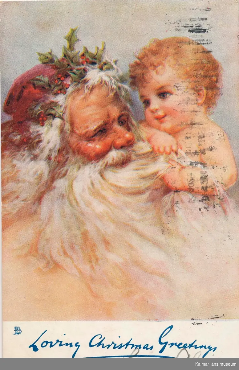 Vykort till Kristina Andersson, född 1865 i Böda, syster till N J Andersson, när hon bodde i USA från vänner i USA. Nedtill står skrivet: Loving Christmas Greetings from Alice.